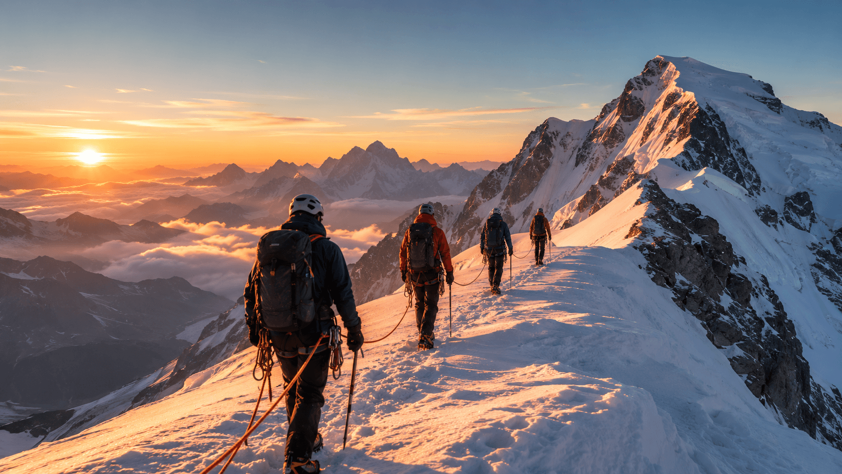 Rope team on a glacier, dawn